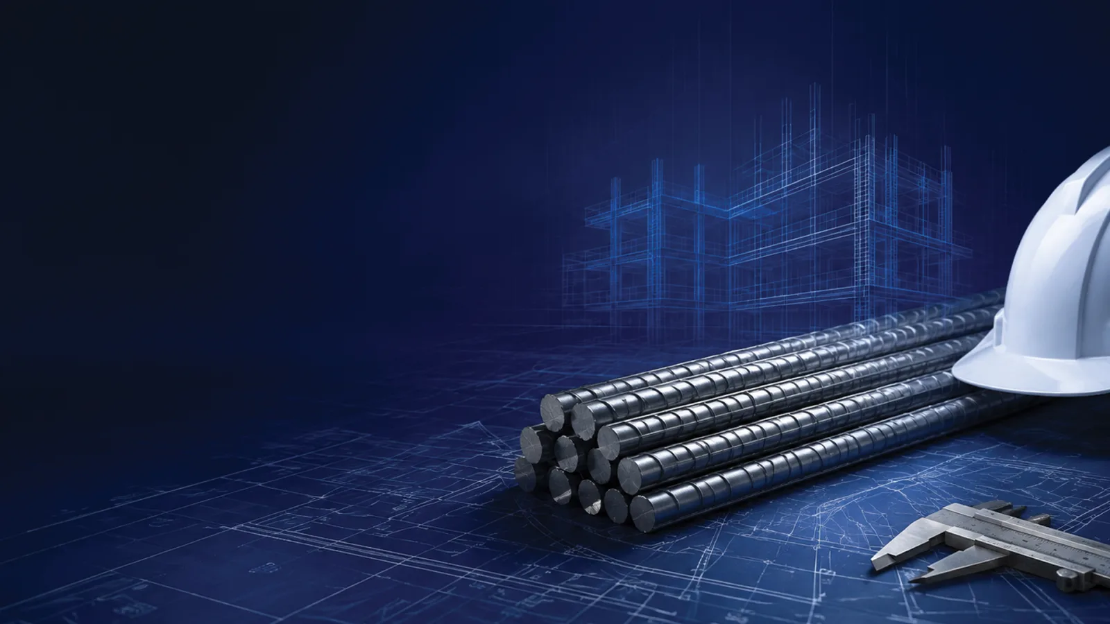 TMT steel bars on a construction blueprint beside a safety helmet and measuring caliper