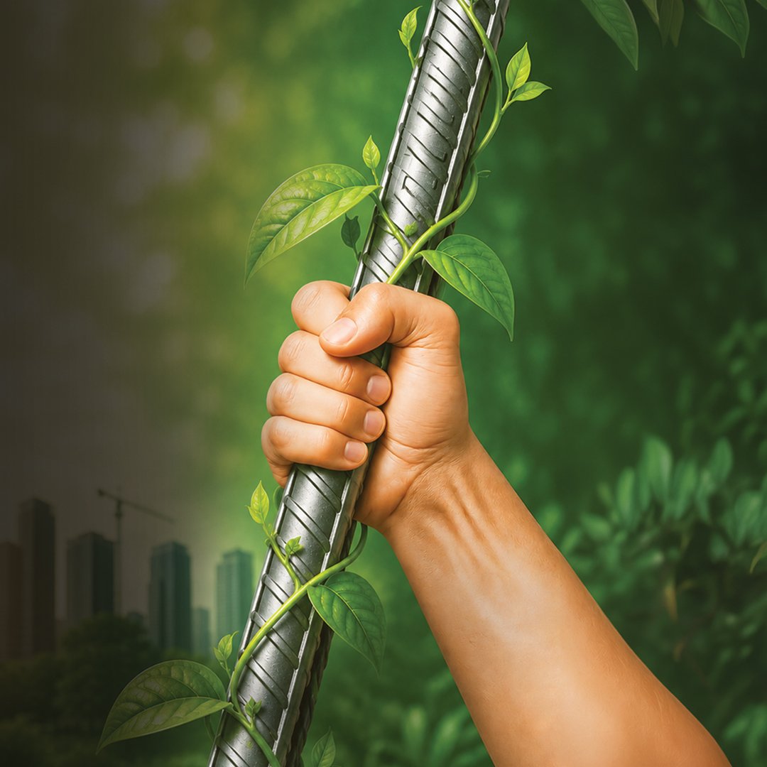 Steel reinforcement held against a green natural landscape, representing lower-carbon construction