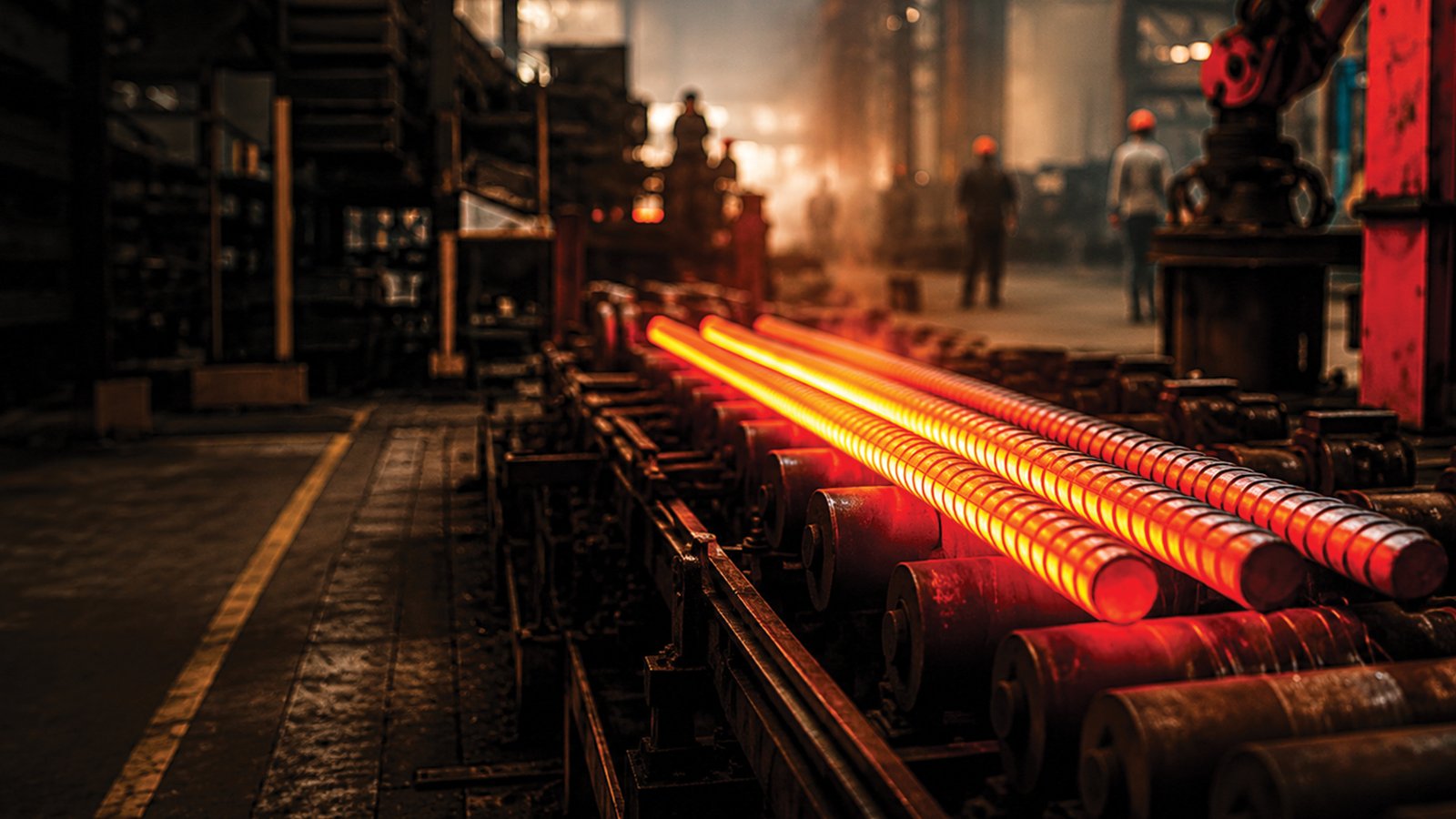 Hot TMT bars moving through a steel rolling mill