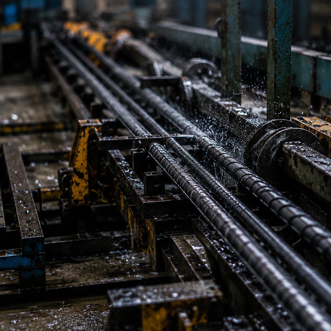 TMT bars moving through the ARS manufacturing cooling line