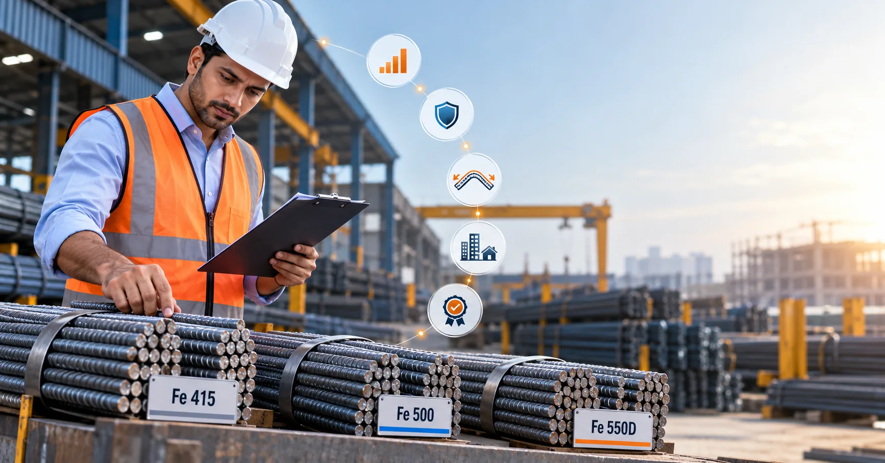 Illustration of a construction professional comparing labelled TMT bar grades at a steel yard.