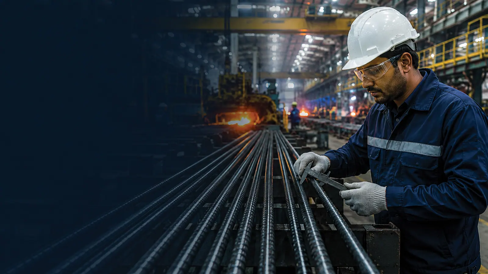 TMT steel bars being checked with a caliper in a steel manufacturing facility